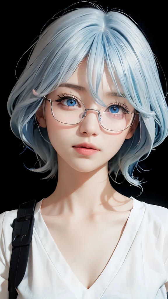 Un primer plano de una persona con cabello azul y una camisa blanca, Chicas anime de la vida real, Cara de anime linda y natural., Urzan, piel azul, hermosa chica de cabello azul, linda chica con cabello azul, blue eyes，Usa lentes rosas（enfocar），sonrisa brillante，chica anime joven realista, Chicas Anime Cosplay, Hermosa cara de anime, estilo animado, inspiración anime, linda cara de anime, Hermosa cara de anime, beautiful estilo animado