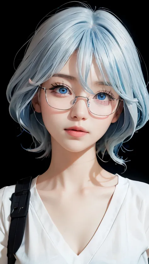 a close up of a person with blue hair and a white shirt, real life anime girls, Cute and natural anime face, Urzan, blue skin, beautiful blue-haired girl, Pretty girl with blue hair, blue eyes，Wear pink glasses（focus），bright smile，Realistic young anime gir...