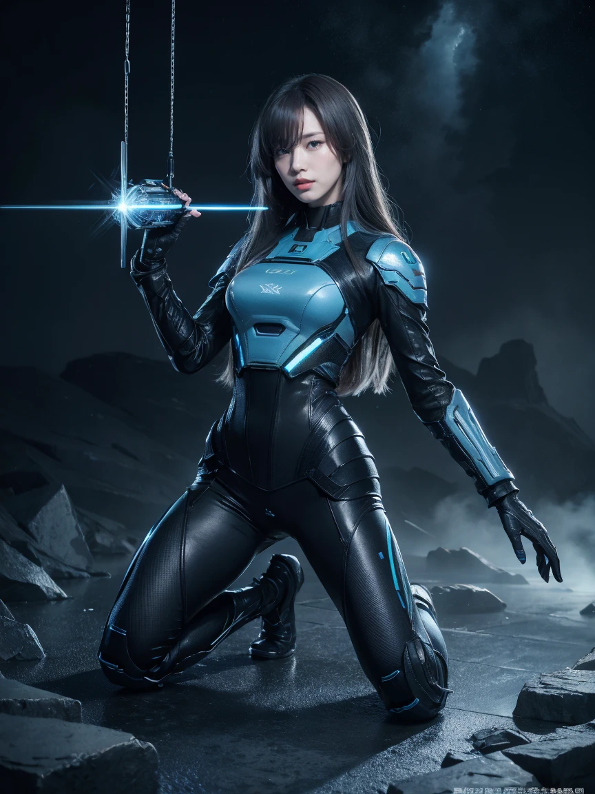 8K, highest quality, masterpiece, realistic, ultra detail,  photograph, HDR, High resolution, movie blue light, official art, High resolution, Depth of written boundary,(emits laser light), girl１name、20-year-old, medium long hair,Take a full body photo、action pose,Blue Universe,cloudy sky、spaceship、Starlight、thunder、Space Battleship