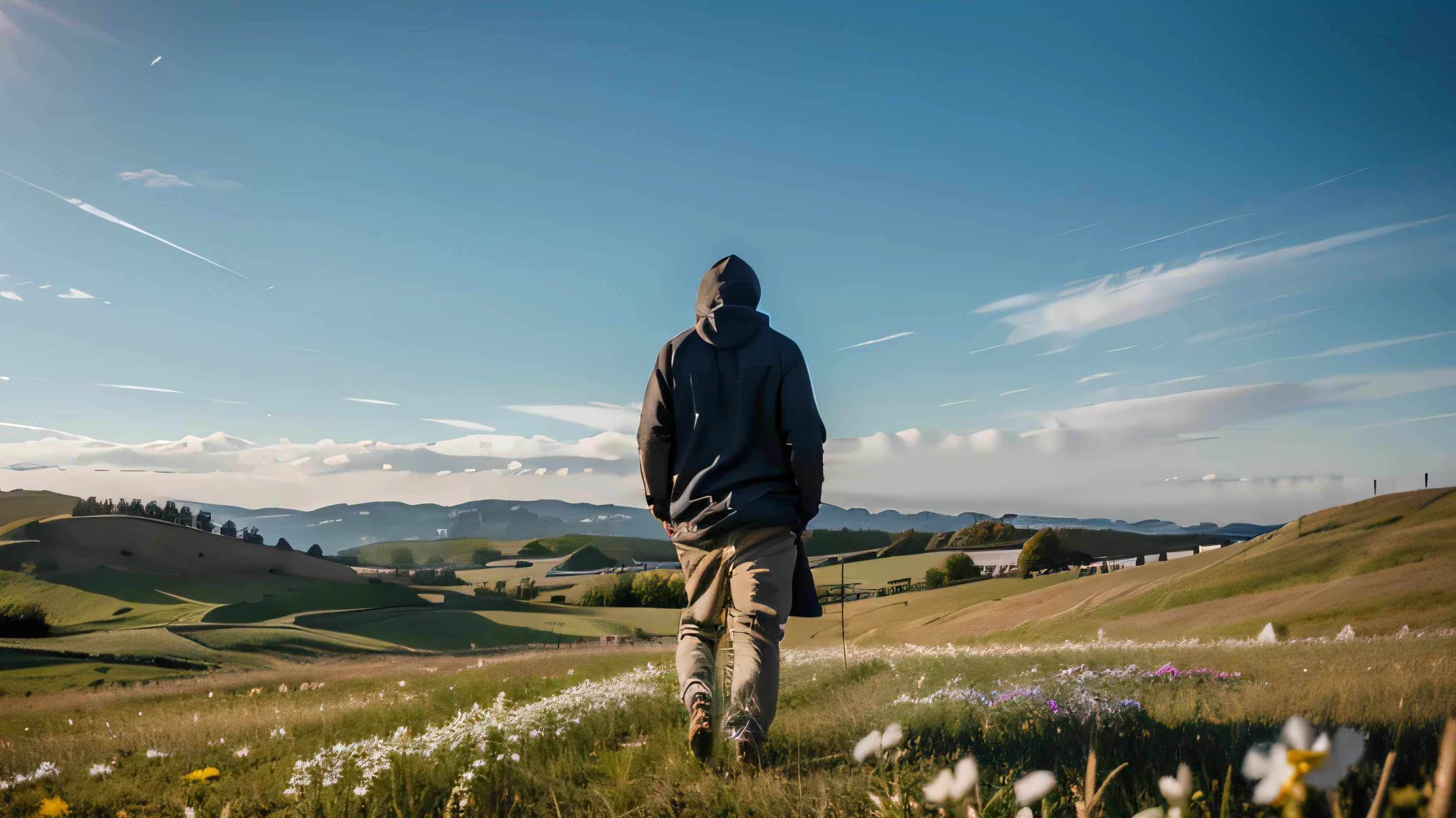 Create an image of a man in a hoodie walking proudly with his head held high, with a landscape of FIELD of flowers and grass, The hill in the distance is BEAUTIFUL NATURE , The sky is clear blue and filled with light, Realistic images, image from behind the man