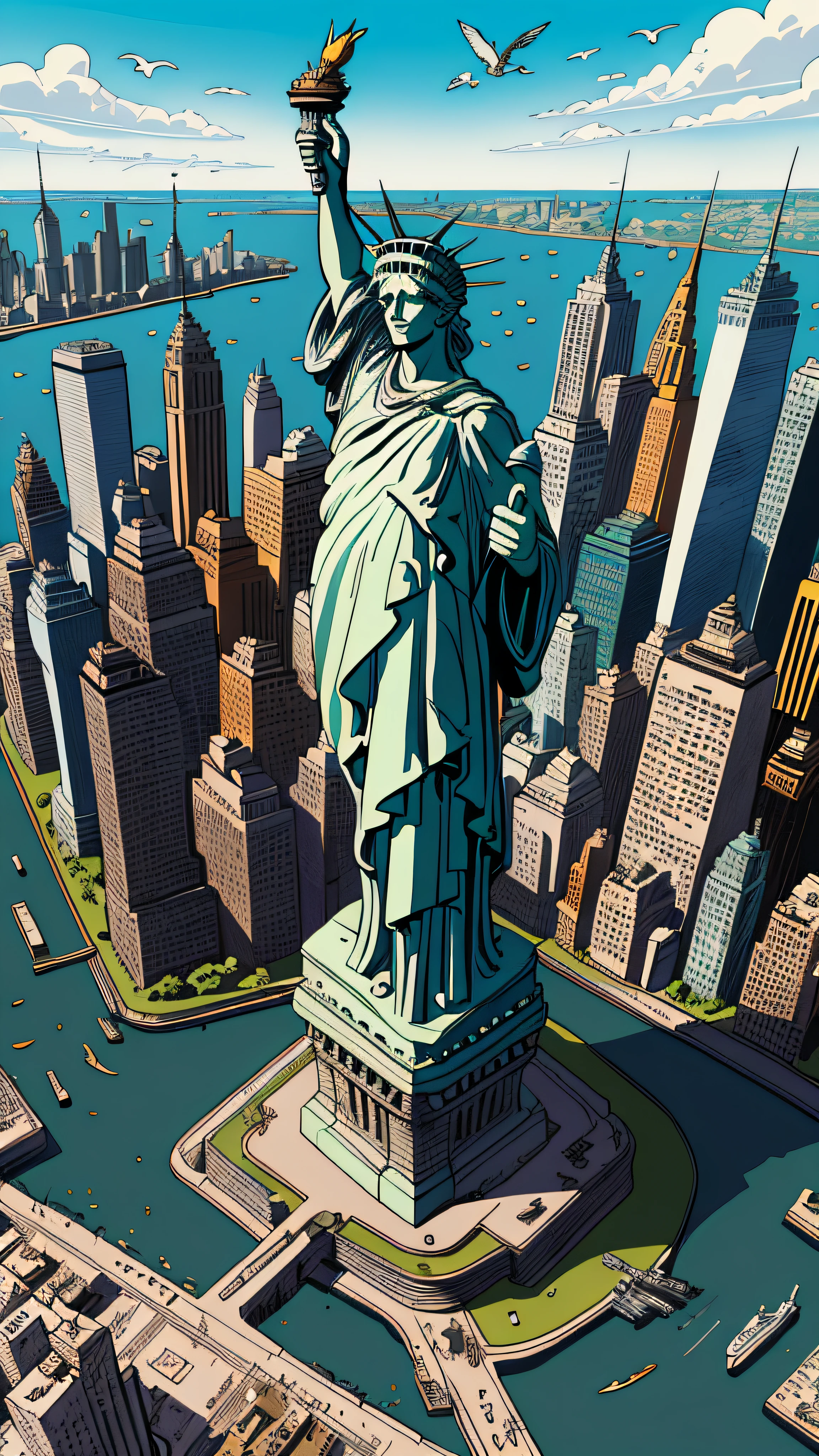 Statue de la Liberté chaotique et maximaliste à New York, vue aérienne et gastlis volants, illustré par Herg, nouvelles, style de quadrinhos de caneta e tinta