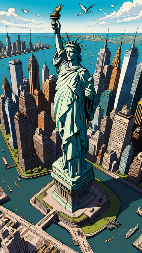Chaotic and maximalist Statue of Liberty in New York, aerial view and flying gastlis, ilustrado por herg, news, estilo de quadri...
