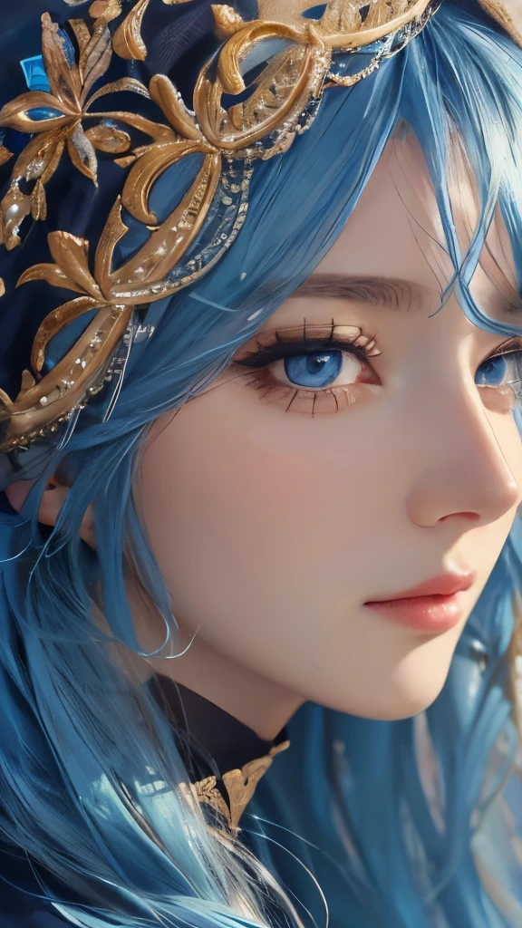 Close-up of a woman wearing a veil and headscarf,  8k high quality detailed art, kawaii realistic portrait, Soft portrait shots 8K, Detailed portrait of the girl, Stunning facial portraits，Detailed beautiful face, Beautiful girl portrait，sky blue hair，semi long hair，blue eyes
