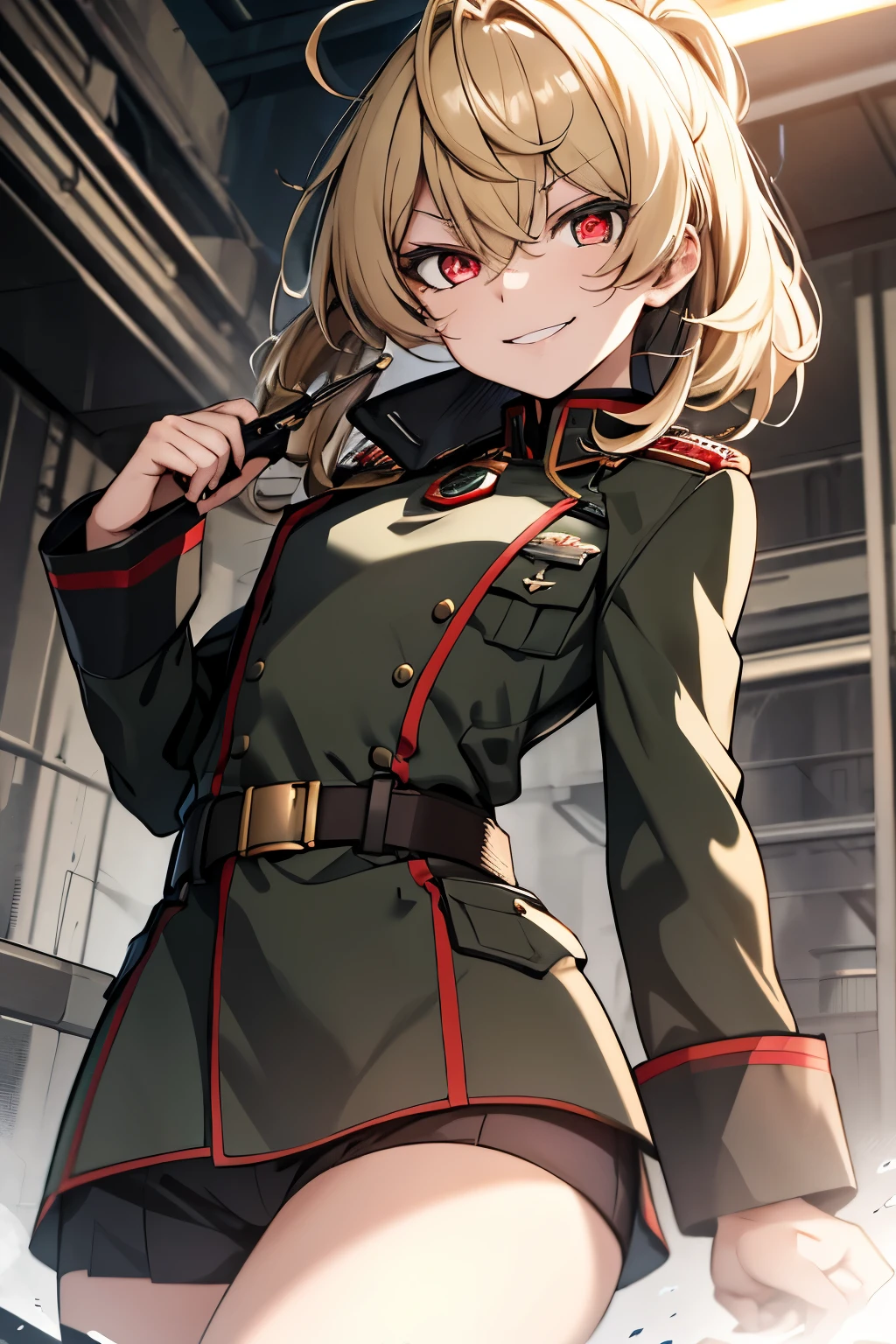 (masterpiece, best quality: 1.1), 1girl solo, tanya, 1girl, solo, , flat chest, small breasts, curvy, military, military uniform, ,, evil smile, wicked expression, anger, red eyes, neutral lighting