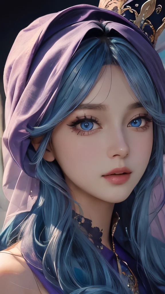 One wearing a purple veil and turban，Close-up of woman wearing tulle,  8k high quality detailed art, kawaii realistic portrait, Soft portrait shots 8K, Detailed portrait of the girl, Stunning facial portraits，Detailed beautiful face, Beautiful girl portrait，sky blue hair，semi long hair，blue eyes