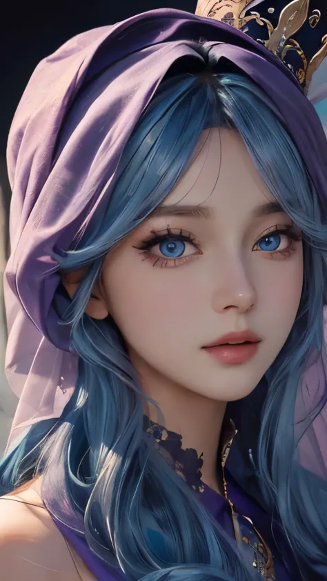 One wearing a purple veil and turban，Close-up of woman wearing tulle,  8k high quality detailed art, kawaii realistic portrait, Soft portrait shots 8K, Detailed portrait of the girl, Stunning facial portraits，Detailed beautiful face, Beautiful girl portrai...