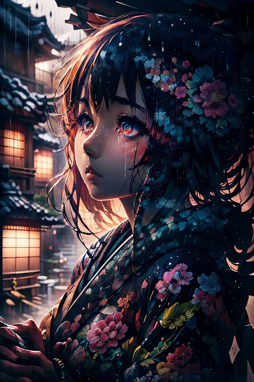 Japanese print style image, best quality, incredibly absurdres, extremely detailed, delicate texture, beautiful sad woman taking shelter from the rain under the eaves