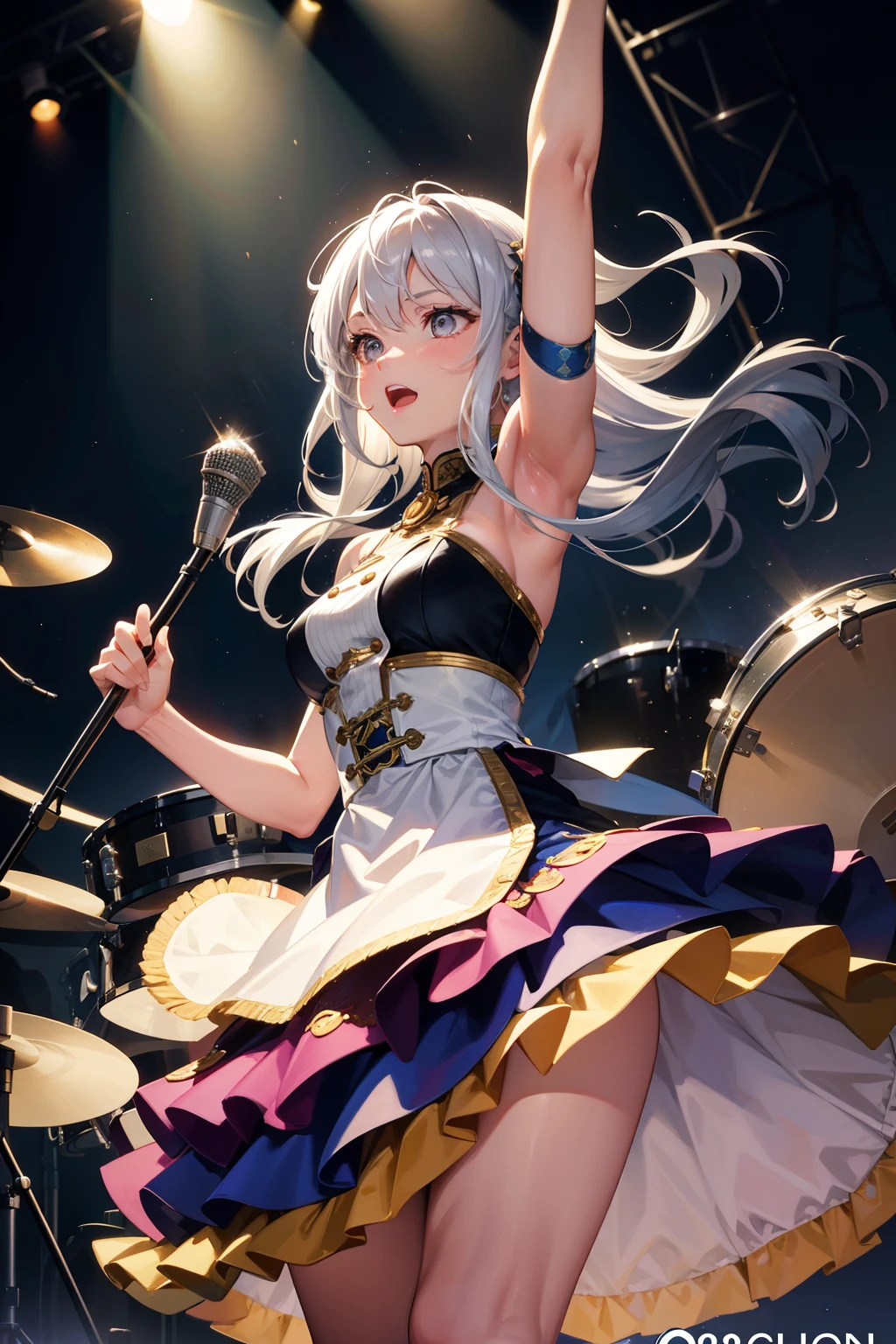 This illustration features a silver-haired girl with medium-length hair playing the drums on stage. She confidently swings the drumsticks, surrendering herself to the music. Her silver hair dances lightly as she exudes a vibrant and energetic presence while performing. The stage lighting illuminates her, and the cheers of the audience echo in the background. The illustration captures the magical moment when music fills the air through her drumming. Her passion and talent shine through the entire artwork, captivating the hearts of those who behold it.