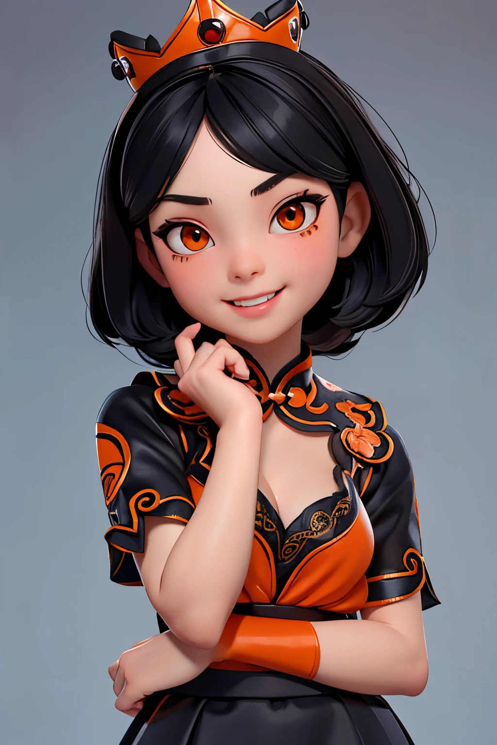 (lifelike,high resolution：1.3）， a little lovely kid girl， The face shape and eyes are super delicate,black hair,red glossy lips,(beautiful face), (best quality), (Super detailed), (Extremely detailed CG unified 8k wallpaper),Orange cheongsam,A little cleavage,black skirt,orange eyes,Female dealer,crown,Smile,Tiger teeth,Height 50 cm