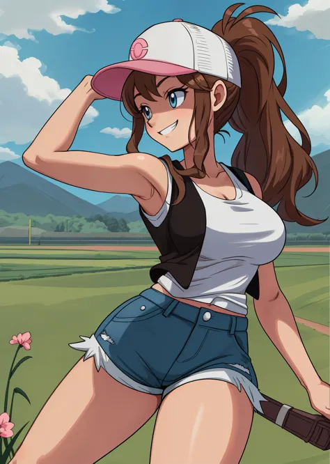 [Hilda], [Pokemon], ((masterpiece)), ((HD)), ((high res)), ((solo portrait)), ((waist-up)), ((front view)), ((detailed shading)), ((soft textures)), ((intricate details)), ((anime girl)), ((cinematic)), {attractive; (brown hair), (long ponytail), (cute blu...