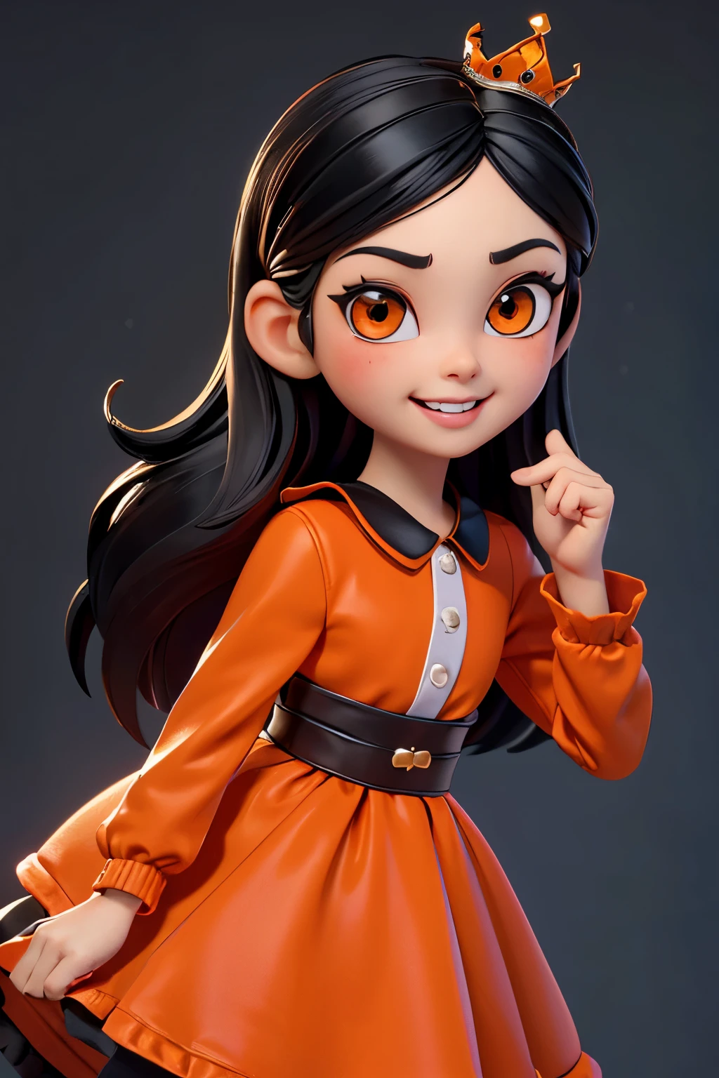 (lifelike,high resolution：1.3）， a  toddler， The face shape and eyes are super delicate,black hair,red glossy lips,(beautiful face), (best quality), (Super detailed), (Extremely detailed CG unified 8k wallpaper),orange clothes,black skirt,orange eyes,Female dealer,crown,Smile,Tiger teeth,cute,Big head,big eyes,