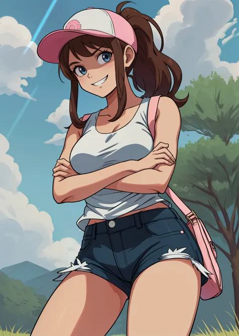 [Hilda], [Pokemon], ((masterpiece)), ((HD)), ((high res)), ((solo portrait)), ((waist-up)), ((front view)), ((detailed shading)), ((soft textures)), ((intricate details)), ((anime girl)), ((cinematic)), {attractive; (brown hair), (long ponytail), (cute blu...