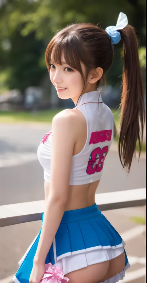 Pants visible from skirt, (japanese cheerleader:1.3), Close-up,  photograph, big breasts, (12 years old), young face, cute face, RAWphotograph, highest quality, High resolution, (table top), (photographrealistic:1.37), Professional photographgraphy, sharp ...