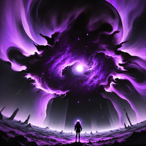In the universe, next to the black hole at close range, there is chaos, only black, and purple, make it look like a poster, hand...