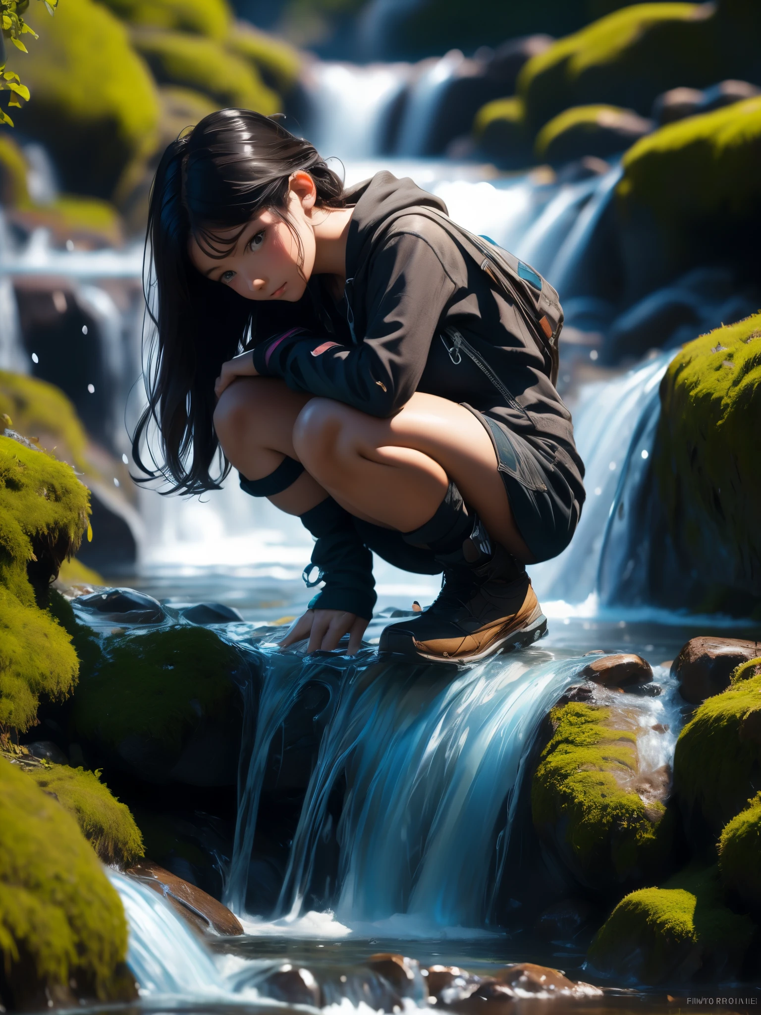 (Top Quality, 8K, High Resolution, masterpiece:1.2), ultra-detailed, realistic, physically based rendering, HDR, colorful lighting, A girl squatting in a stream and splashing water on herself, full body, from below, splash, fractal art, wet body, summer