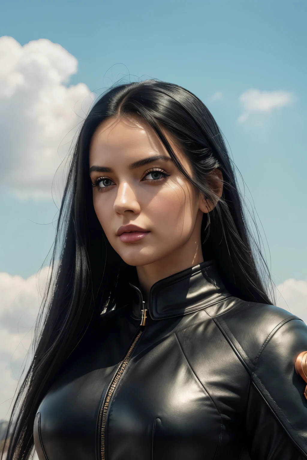 (best quality,4k,highres,masterpiece:1.2),ultra-detailed,realistic, HDR, vibrant colors, long black hair, detailed face features, beautiful eyes, detailed lips, futuristic fashion, black leather outfit, gazing at the horizon, pastel peach and light blue sky, white clouds, soft lighting