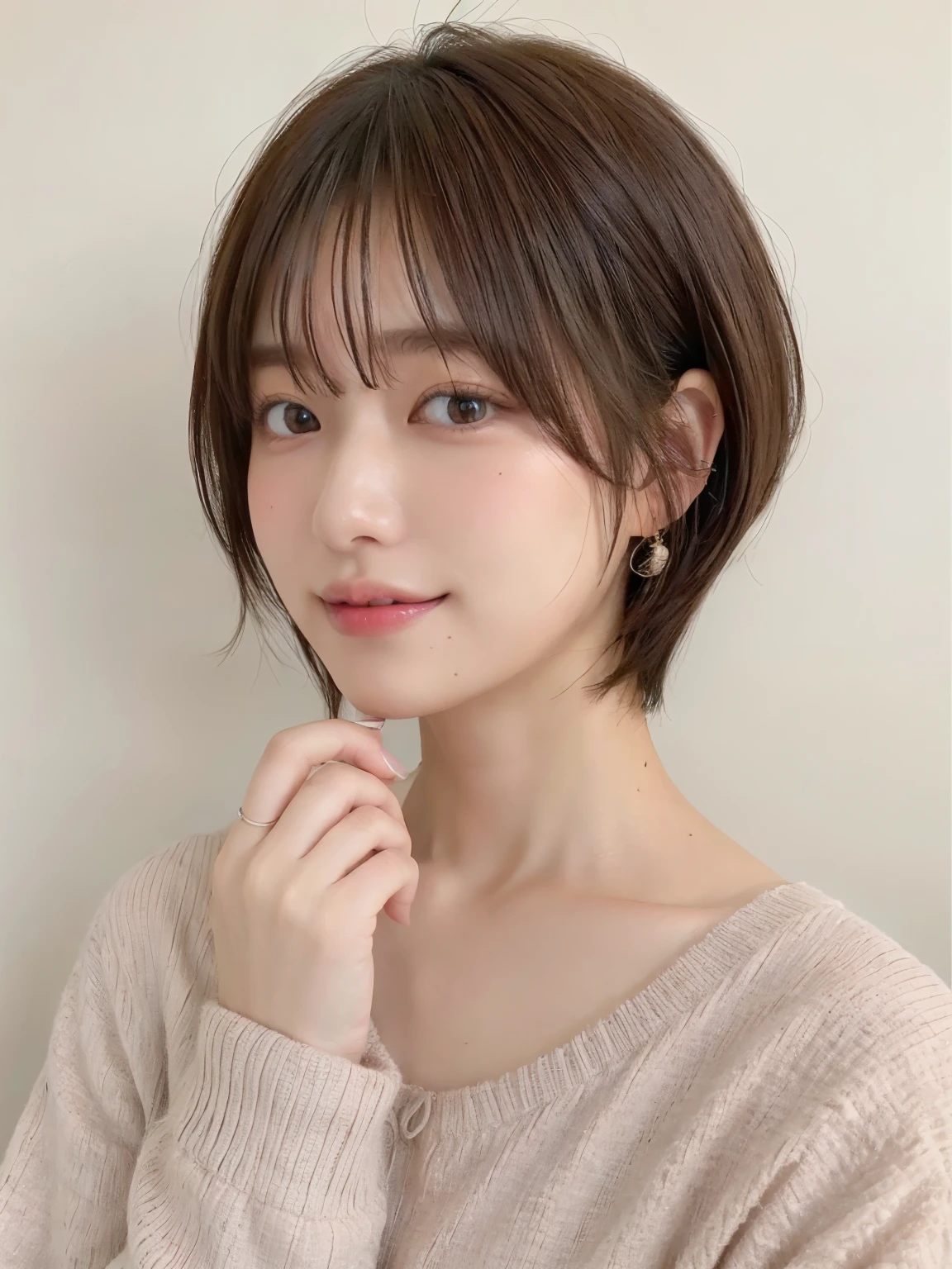 (highest quality、8K、32k、masterpiece、nffsw:1.2)、Photo of a beautiful Japanese woman in her 30ature woman、very short hair、short hair、shortcut、Upper body、necklace、shot from above、Don't look at the camera、(realistic、Photoreal:1.37)、1 girl、Shot in natural light、Physically based rendering、excellent image quality、High resolution、1080P、(Detailed facial description)、(Detailed explanation of hands)、(Detailed CG)、Rich details、(exquisite features)、(best image quality)、(masterpiece)、(fine eyes)、delicate clavicle、Versatile poses、profile、white wall、Taken in front of the white door、(A room with a white wall and a window)、earrings、laughter、Spring clothes、((Long sleeve dresses))