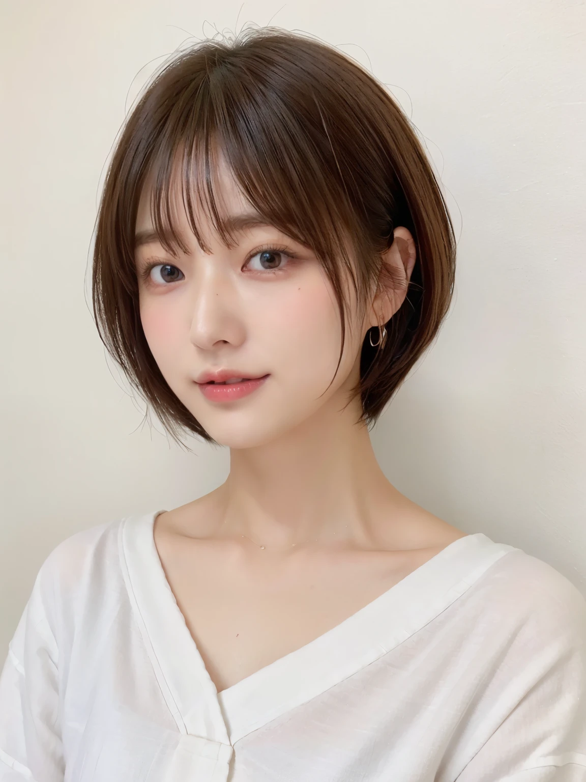 (highest quality、8K、32K、masterpiece、nffsw:1.2)、Photo of a beautiful Japanese woman in her 30s、mature woman、very short hair、short hair、shortcut、Upper body、necklace、shot from above、Don't look at the camera、(realistic、Photoreal:1.37)、1 girl、Shot in natural light、Physically based rendering、excellent image quality、High resolution、1080P、(Detailed facial description)、(Detailed explanation of hands)、(Detailed CG)、Rich details、(exquisite features)、(best image quality)、(masterpiece)、(fine eyes)、delicate clavicle、Versatile poses、profile、white wall、Taken in front of the white door、(窓のあるwhite wallの部屋)、earrings、laughter、Spring clothes、((Long sleeve dresses))