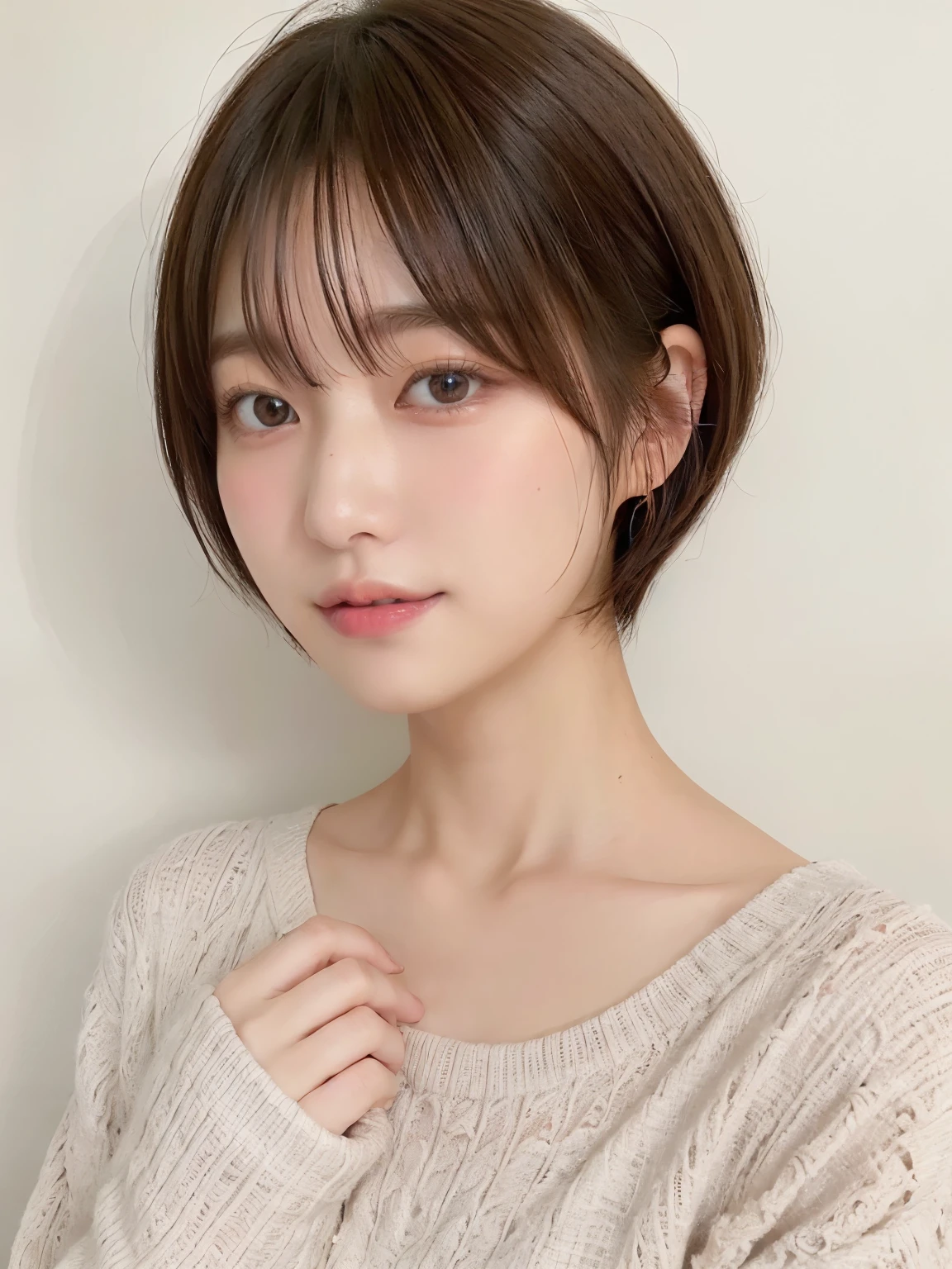 (highest quality、8K、32k、masterpiece、nffsw:1.2)、Photo of a beautiful Japanese woman in her 30ature woman、very short hair、short hair、shortcut、Upper body、necklace、shot from above、Don't look at the camera、(realistic、Photoreal:1.37)、1 girl、Shot in natural light、Physically based rendering、excellent image quality、High resolution、1080P、(Detailed facial description)、(Detailed explanation of hands)、(Detailed CG)、Rich details、(exquisite features)、(best image quality)、(masterpiece)、(fine eyes)、delicate clavicle、Versatile poses、profile、white wall、Taken in front of the white door、(A room with a white wall and a window)、earrings、laughter、Spring clothes、((Long sleeve dresses))