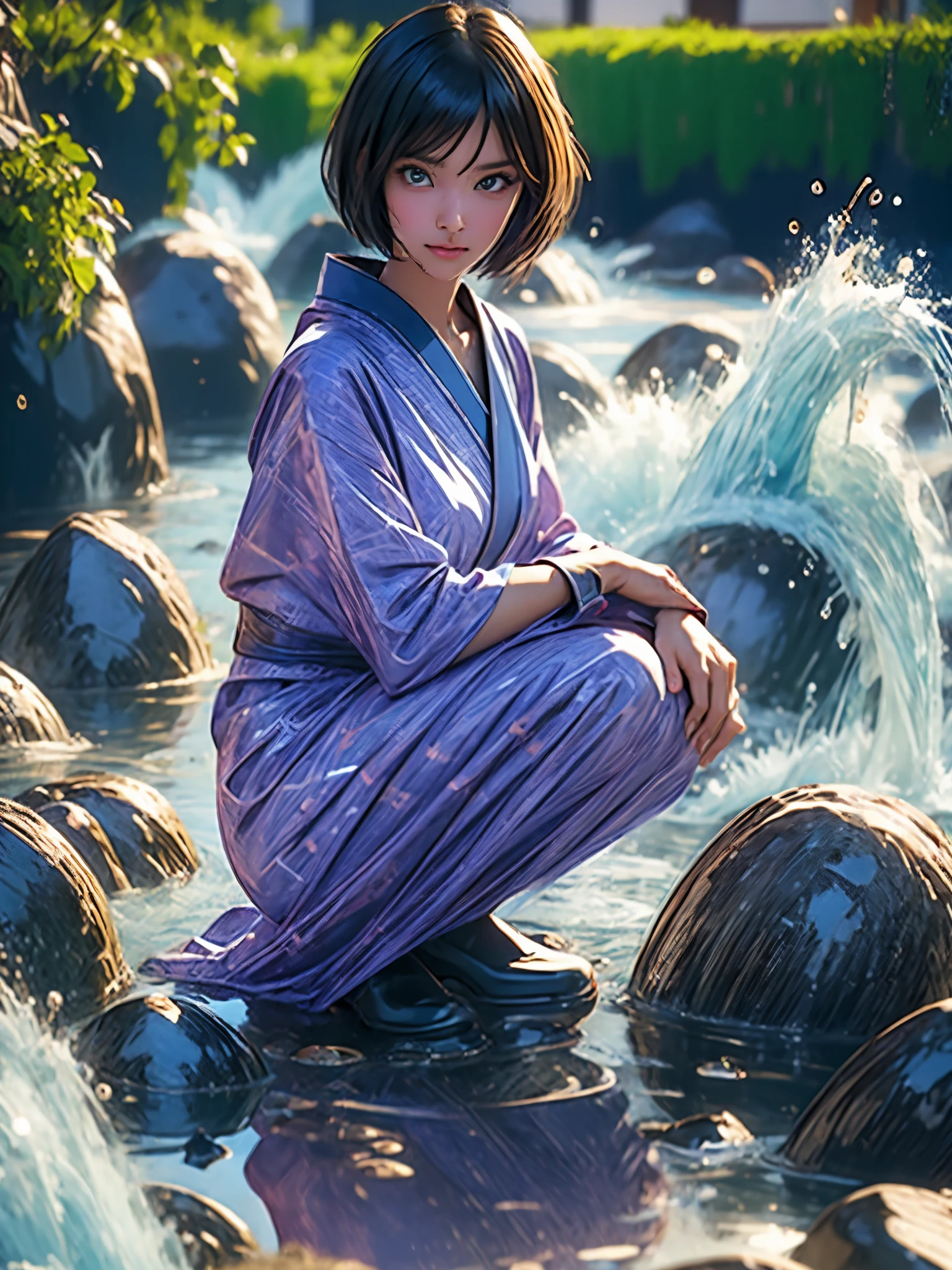 (Top Quality, 8K, High Resolution, masterpiece:1.2), ultra-detailed, realistic, physically based rendering, HDR, colorful lighting, A girl squatting in a stream and splashing water on herself, full body, from below, splash, fractal art, wet body, summer