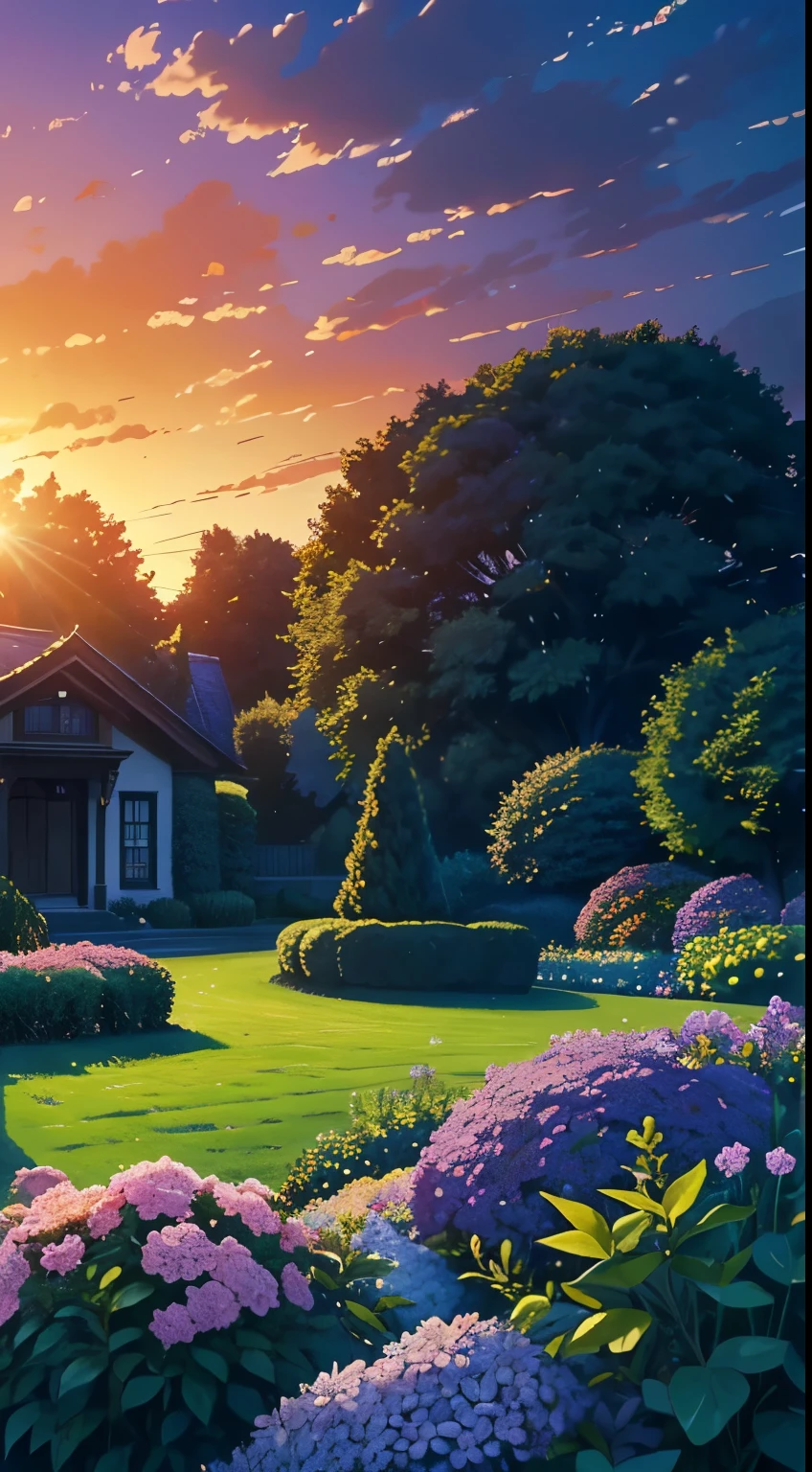 (masterpiece), beautiful  garden, sunset, The Garden of Words, gorgeous, nature, purple flowers, after rain, grass, beautiful sky, gogeous clouds, 4k, smilling, happy,happyness, soft, wallpaper,cute, hope, BREAK the image transmit a hopeful feeling, good vibes, happy atmosphere, beauty on the small details, a visual masterpiece, beautiful colors