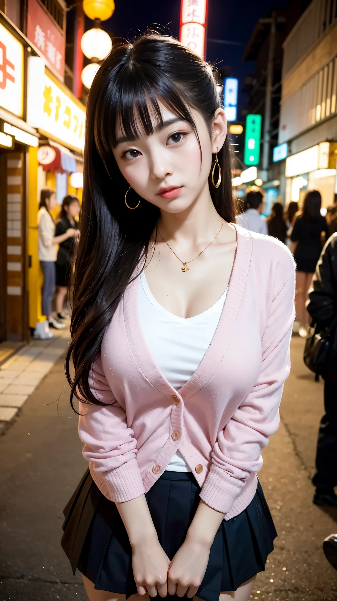 Arafed asian woman in a skirt and pink cardigan posing for a  