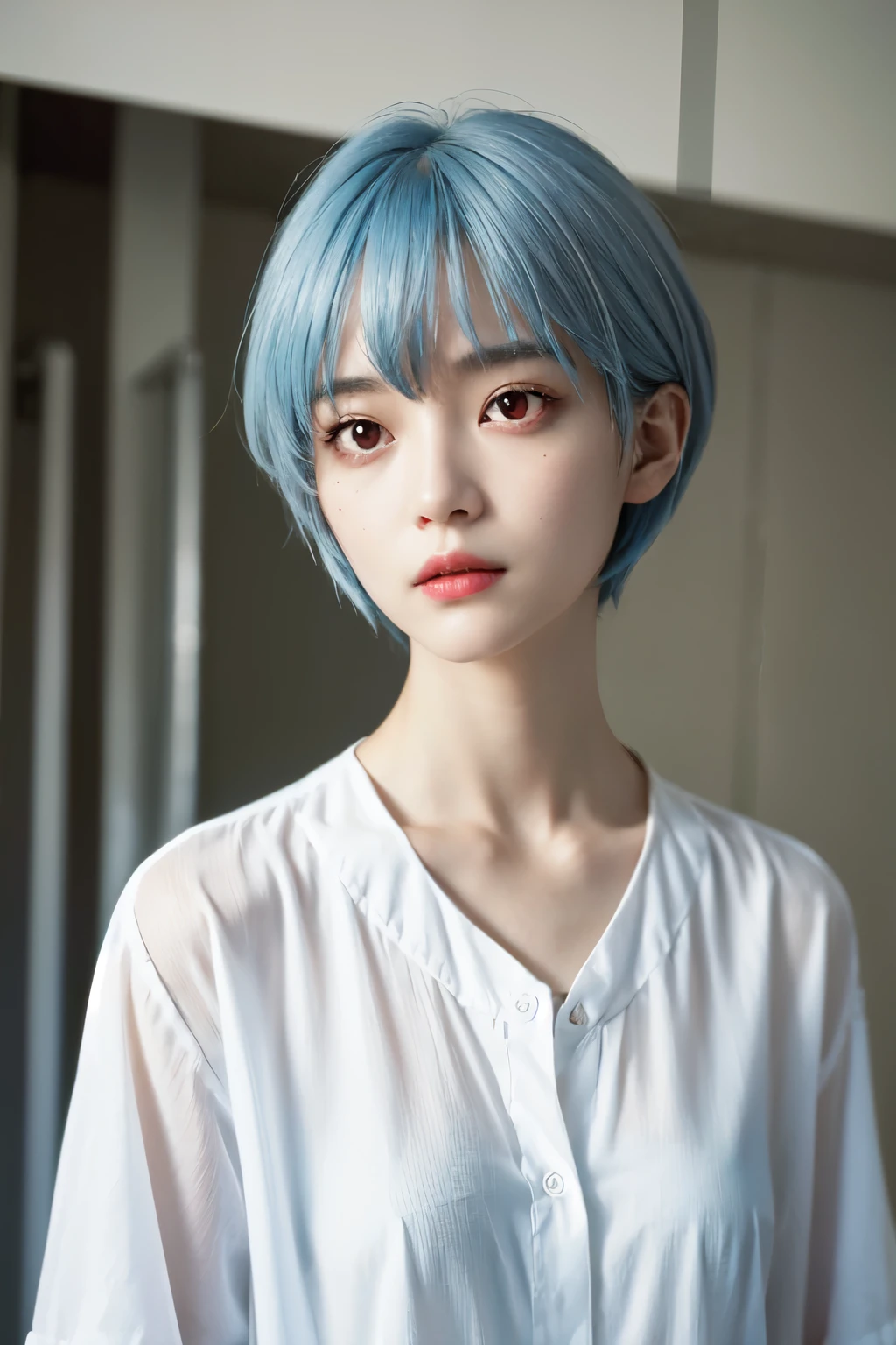 （In 8K, best quality, muste piece:1.2)、ultra high resolution,1 18-year-old woman,realistic pictures,super detailed face,detailed eyes,(red eyes:1.5),pink lips,expressionless,upward glance,BREAK,light blue hair,short hair,Rei Ayanami,low length,（white Y shirt, naked shirt,large shirts,bottomless),BREAK,dramatic writing,Are standing,(gray concrete room),（pipes in the ceiling）