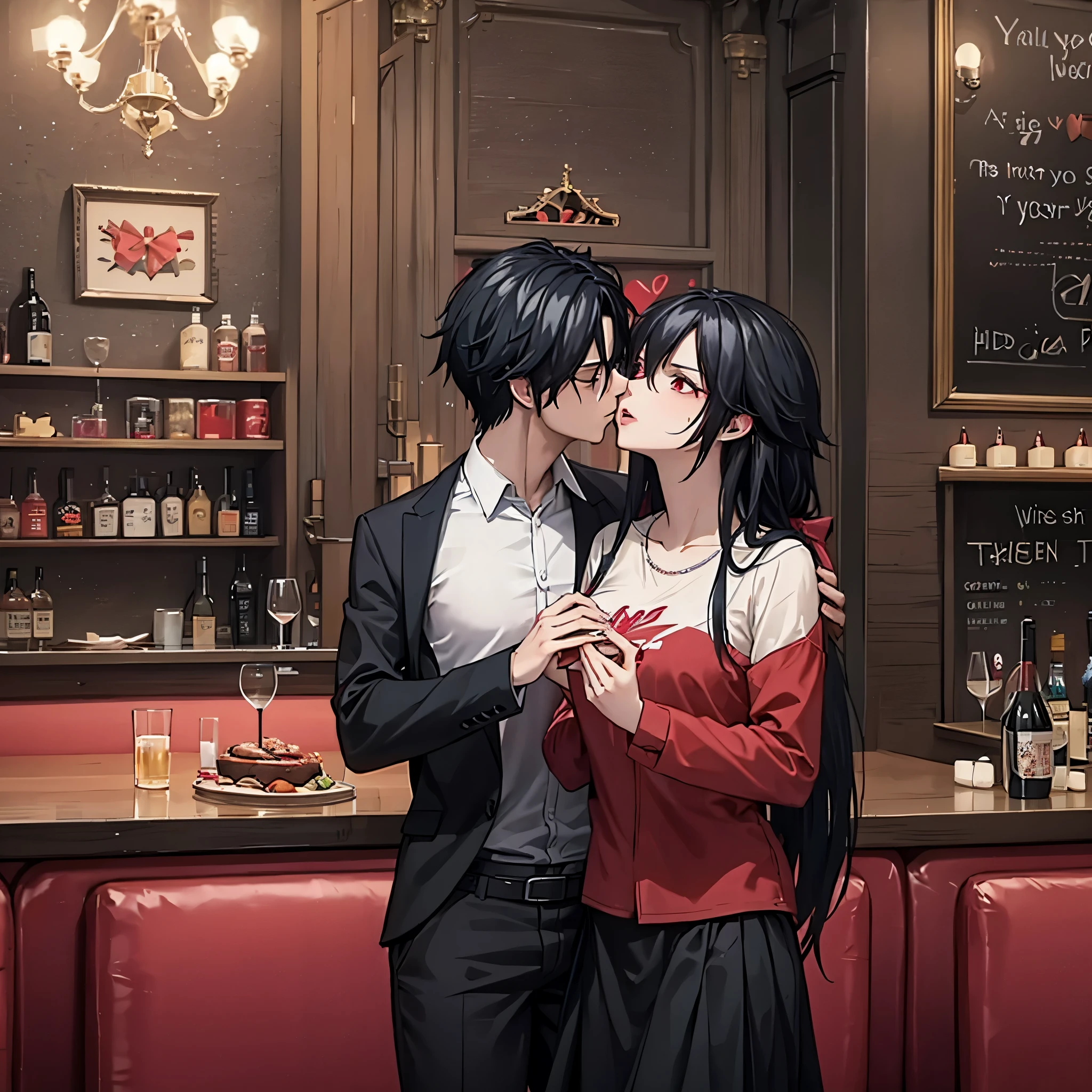 a man and a woman (red eye) in black casual clothes kissing each other on the lips in a restaurant decorated for Valentine's Day
