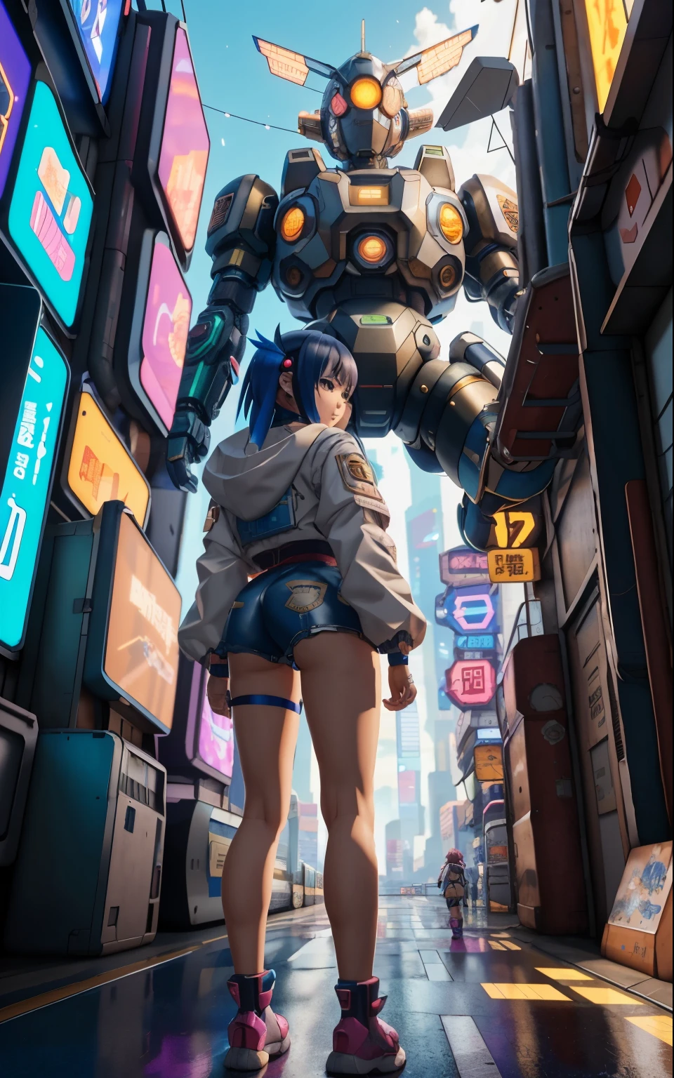 Anime girl in short shorts and jacket standing next to a giant robot, artwork in the style of Gweiz, cyberpunk anime girl mecha, trending on cgstation, Gweiz, Written by Russell Dongjun Lu, digital cyberpunk anime art, lost run 8k, Gweiz on artstation pixiv, Girl wearing mechanical cyber armor