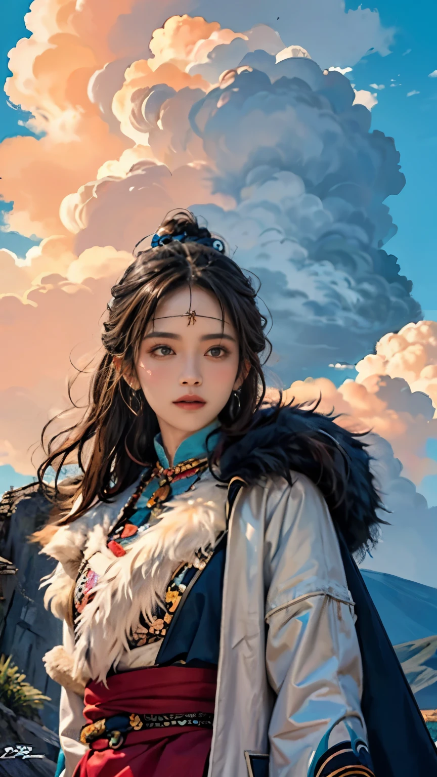 photorealistic, high resolution, soft light,1women, solo, hips up, shining skin, (detailed face), plateau,blue sky,grassland,extreme detailed,torogao, tibet clothes, fur coat, jewelry, tattoo