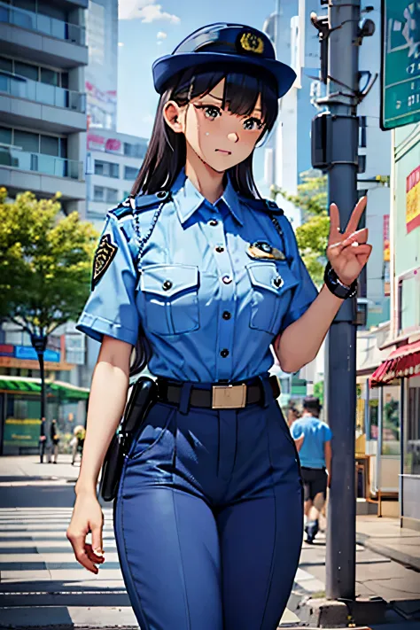 large breast,police uniform, light blue shirt, blue pants, breast pocket, best quality, masterpiece,blue cap,black belt,policewo...