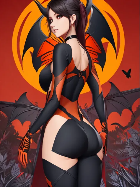 woman, tight-fitting outfit, black red and orange tones, butterfly wings connecting her back to her wrists like the anatomy of bat wings, heroine pose, bluish forest in function.