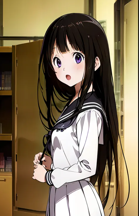 ((masterpiece,highest quality,Super detailed)),((serafuku,sailor suit,(high waist skirt))),purple eyes,black hair,library,pleated skirt,dress,((cute,anime)),open your mouth,Highly curious,eye for detail,vine