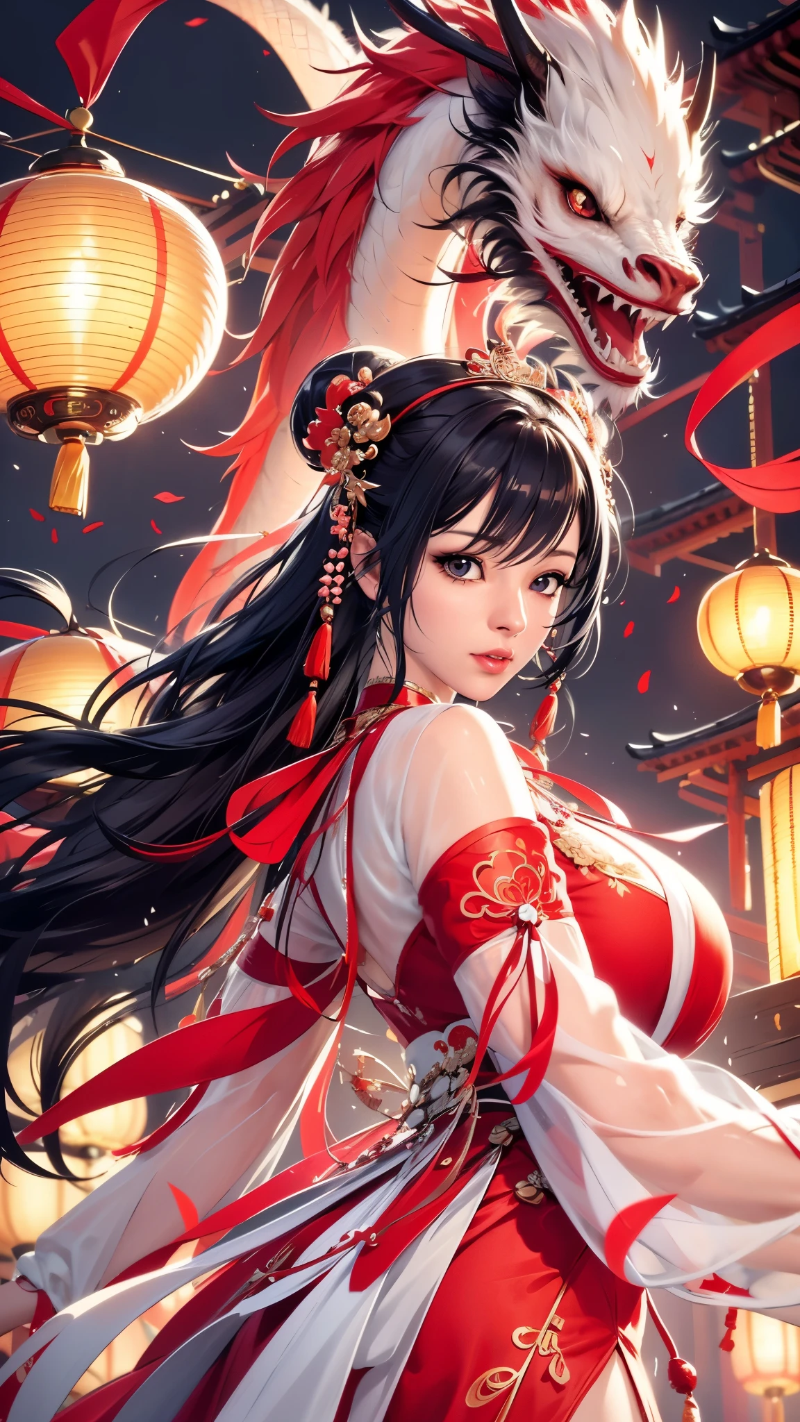 （（（Perfect figure，figure，red Hanfu，Winter hanfu，Chinese clothes,red clothes，red background,dragon，(Chinese fabric:1.2), Hanfu， dragon and girl，dragon hood，xuer lion head,dragon，long hair，black hair，hair accessories，Chinese clothing，lantern，Oriental dragon,（（（ailisha，Brown pupils，1girl，独奏，long black hair，Exposing bangs ））），（（（wide hips））），S-shaped figure:1.7））），((masterpiece)),high resolution, ((Best quality at best))，masterpiece，quality，Best quality，（（（ Exquisite facial features，looking at the audience,There is light in the eyes，blush，shy，Happy，laughing out loud））），（（（Light and shadow interlace，huge ））），（（（looking into camera，from below，）））