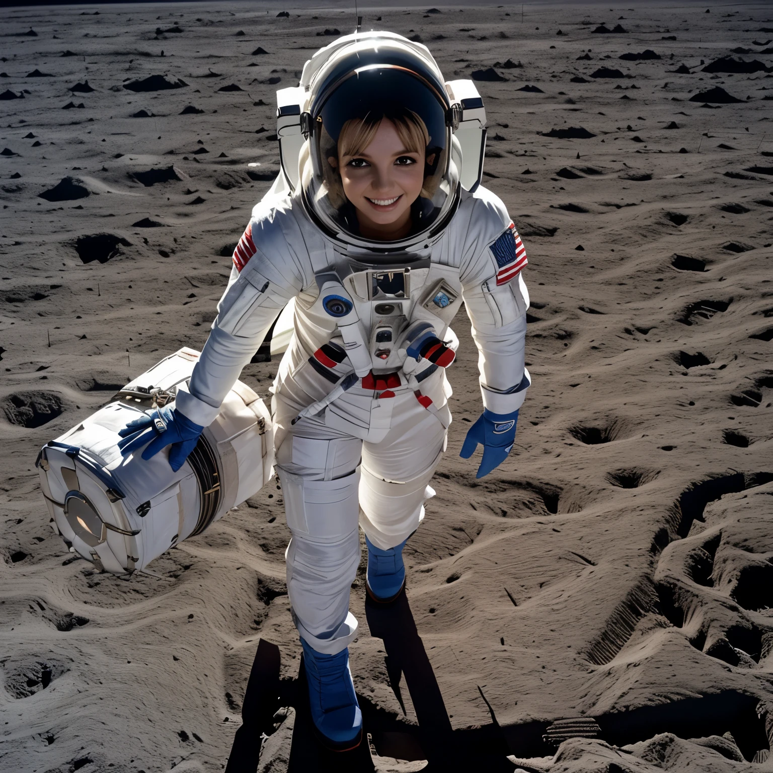 Britney Spears astronaut costume, Britney Spears from the moon, smiling, full body, hyper Realistic, 4k, High quality, High Definition, 