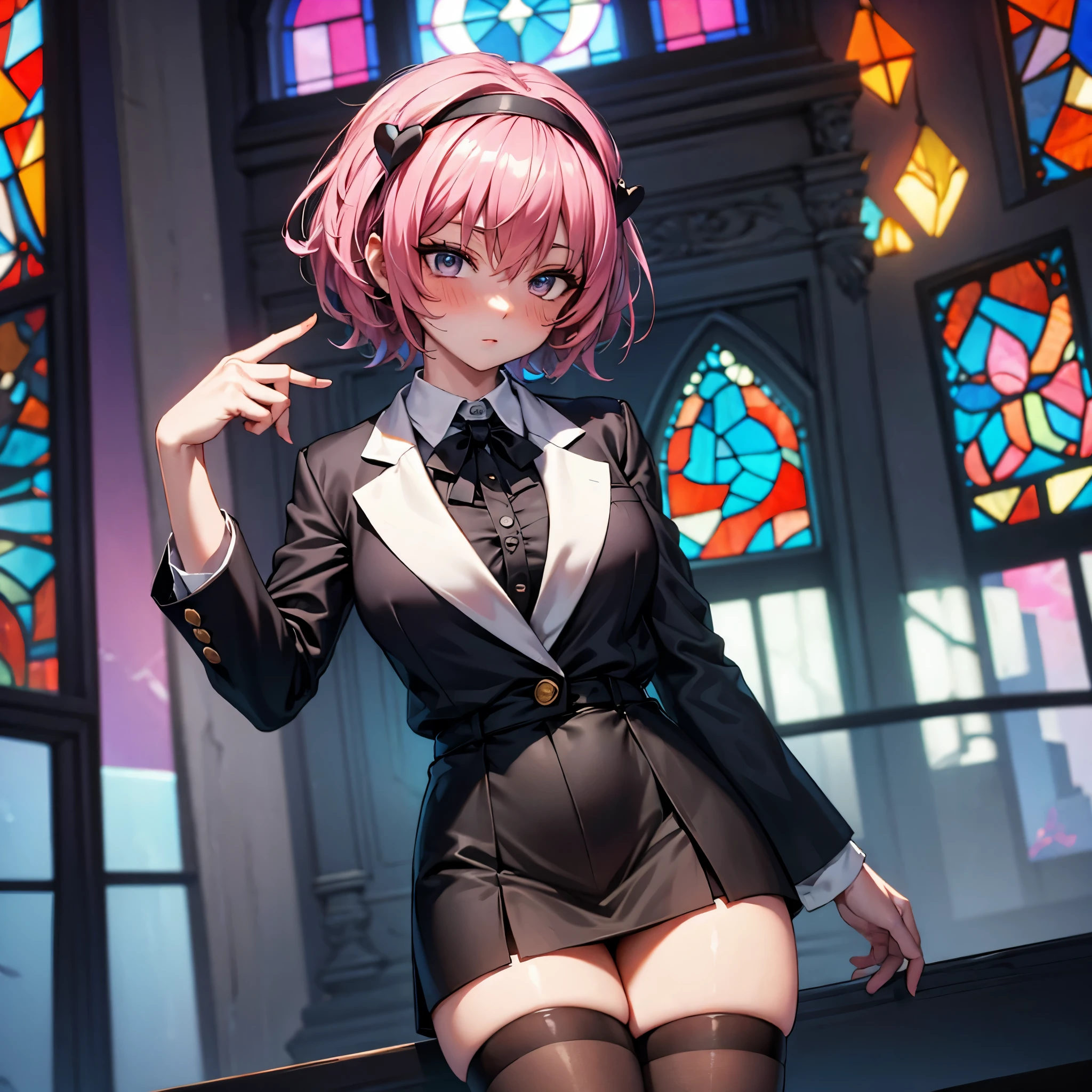 (Satori toho character:1.1), (solo), (standing), (stained glass), BREAK, short hair, (huge perky breasts), bursting breasts, (inconceivably thin waist:1.2), very long legs, BREAK, (black blazer:1.3), (black thighhighs:1.3), (very short black high-waist skirt:1.3) cinches waist too tight, highheels, BREAK, nose blush, BREAK, masterpiece, ultra-detailed