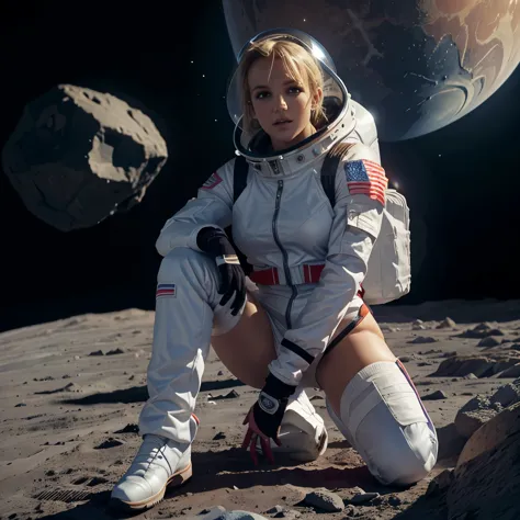 Britney Spears astronaut costume, Britney Spears from the moon, full body, hyper Realistic, 4k, High quality, High Definition, 