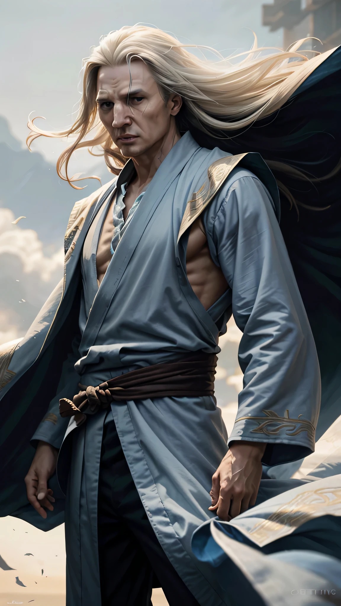 Liam Neeson as Fujin from Mortal Kombat, God of Wind, elements of air, tall and muscular figure, long, flowing white hair, bright blue eyes, traditional robe, accessories adorned with wind motifs, intricate, high detail, sharp focus, dramatic, photorealistic painting art by greg rutkowski