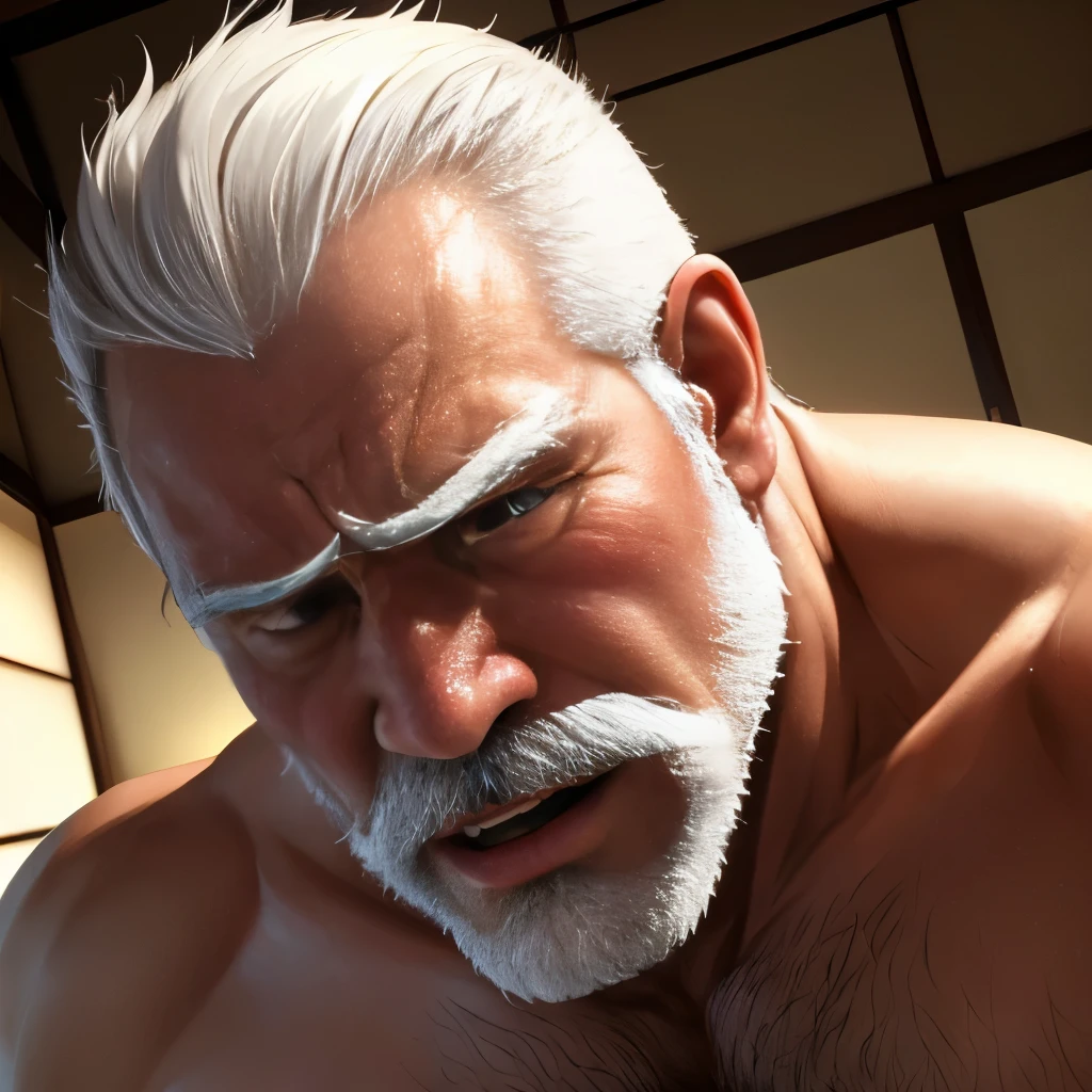 (highest quality:1.5), (masterpiece:1.5), (luxurious Japanese room:1.2), tatami, (Japanese:1.2), solo, hot guy, white combed back hair, short white beard, (macho:1.2), 65 years old, Completely naked, (expression of agony:1.2), erect penis, (close-up face:1.1), (shoot from front:1.3), mouth open, showing side
