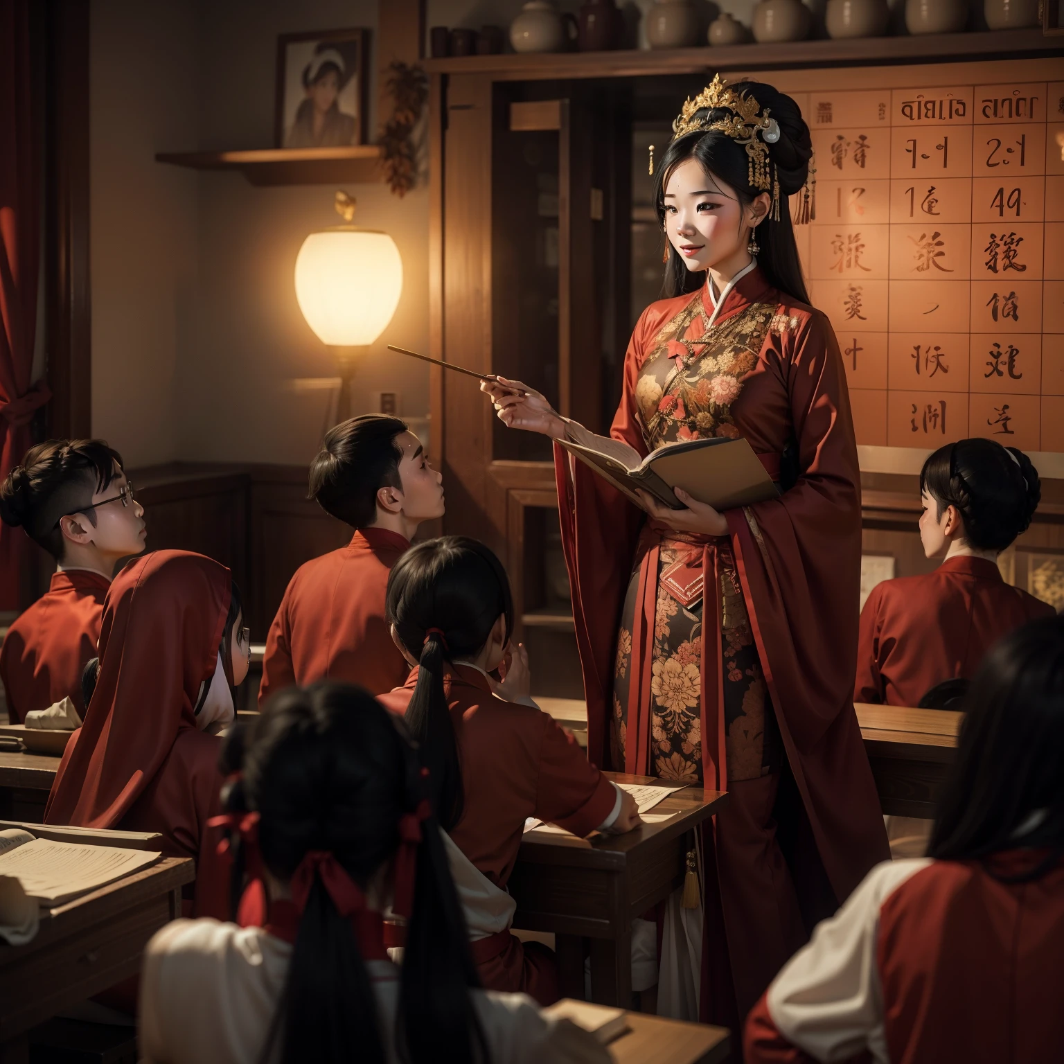 A young boy with，Children Thai , teachers Hanfu costume ，Teacher's Day，Holiday poster，cheerfulness，ssmile，Chinese New Year