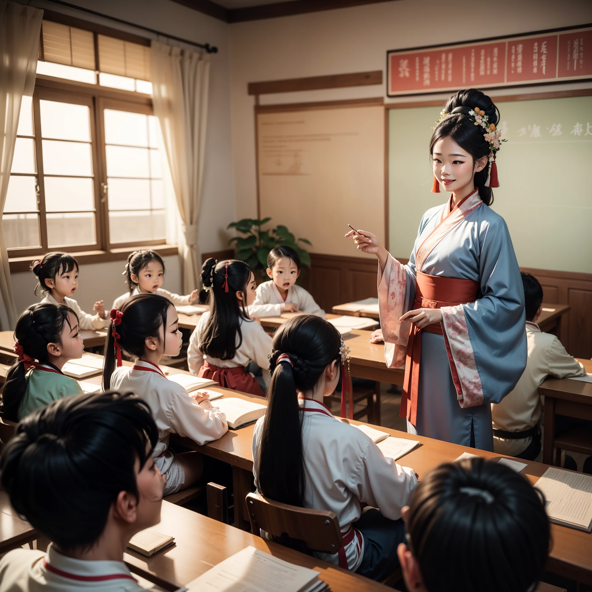 Um jovem com，uniforme escolar tailandês para crianças, professores com roupas Hanfu ，Dia do Professor，Cartaz de férias，alegria，sorria，ano Novo Chinês