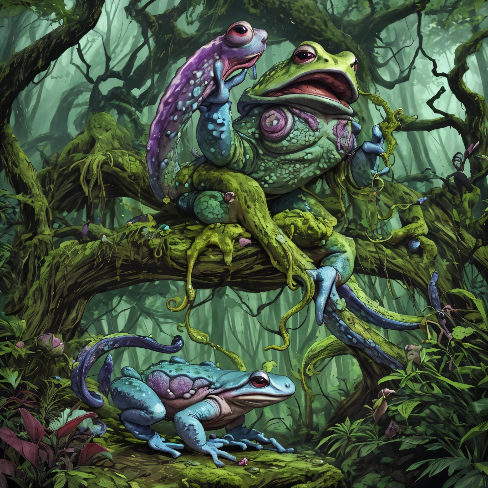(소름 끼치는 두꺼비, 막대한, 밝게 색칠 된, 촉수 혀) 고대 숲을 따라 걷는다