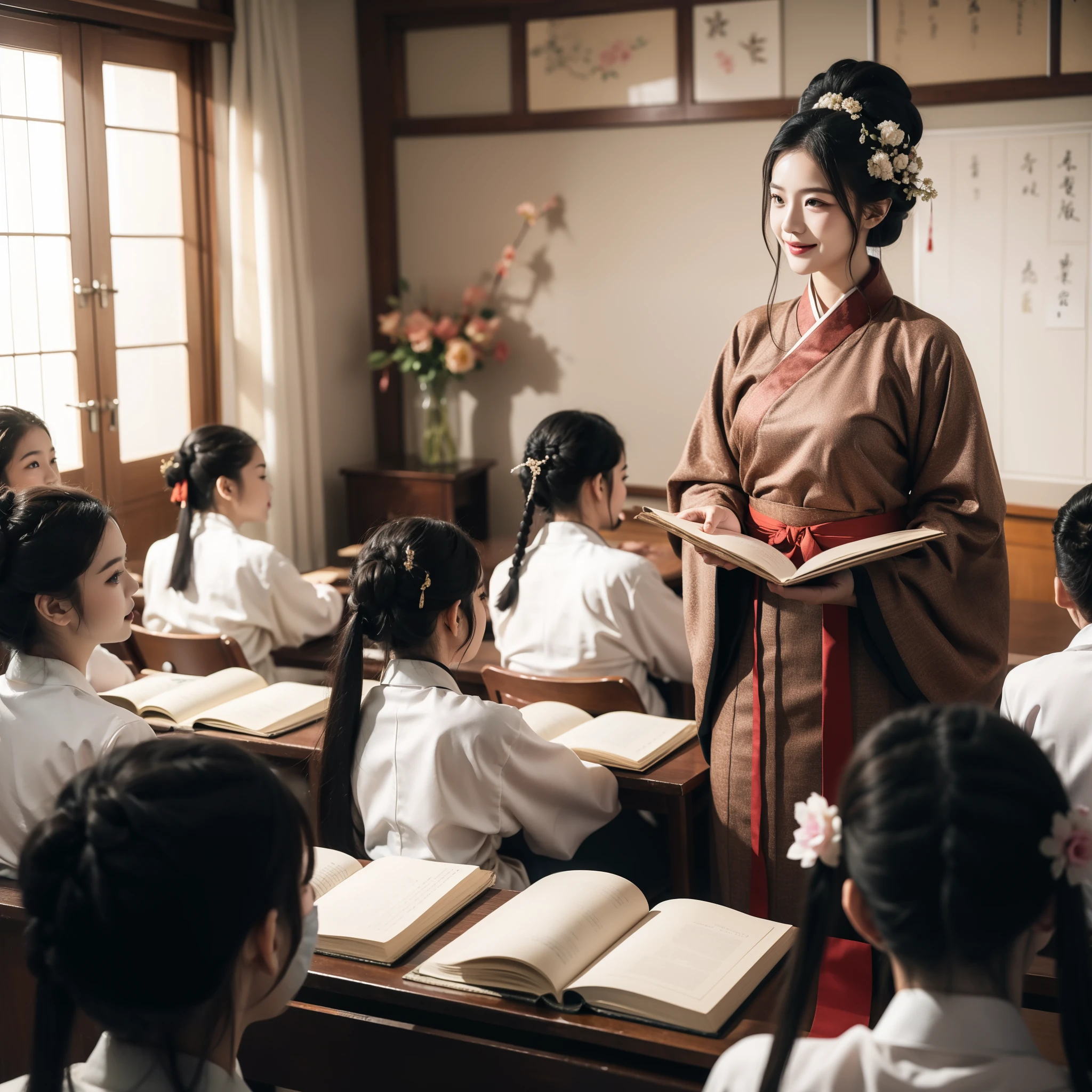 Um jovem com，uniforme escolar tailandês para crianças, professores com roupas Hanfu ，Dia do Professor，Cartaz de férias，alegria，sorria，ano Novo Chinês