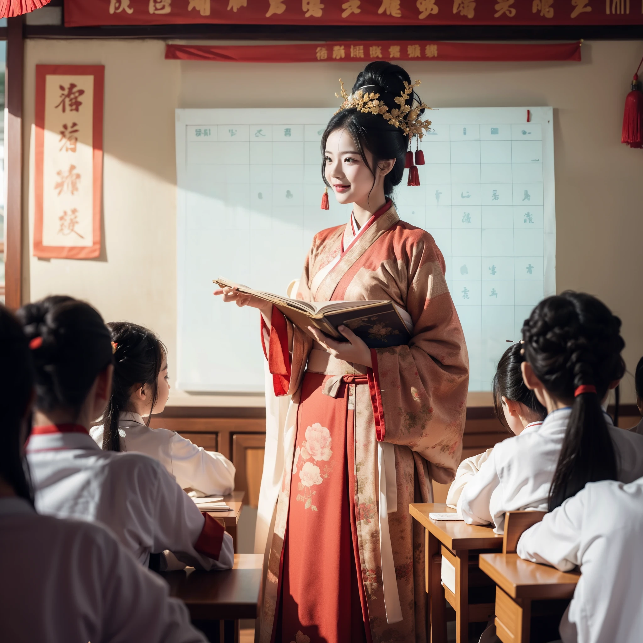 A young boy with，Children Thai , teachers Hanfu costume ，Teacher's Day，Holiday poster，cheerfulness，ssmile，Chinese New Year