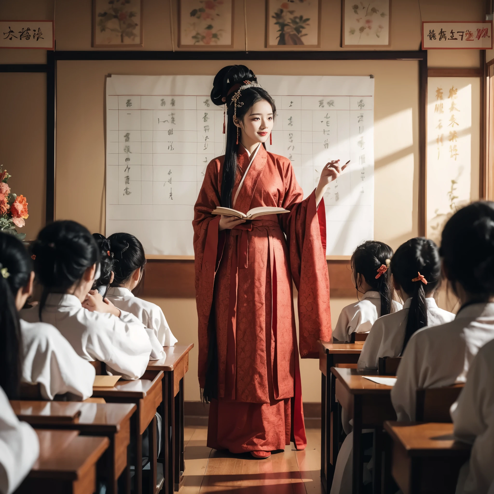 A young boy with，Children Thai , teachers Hanfu costume ，Teacher's Day，Holiday poster，cheerfulness，ssmile，Chinese New Year