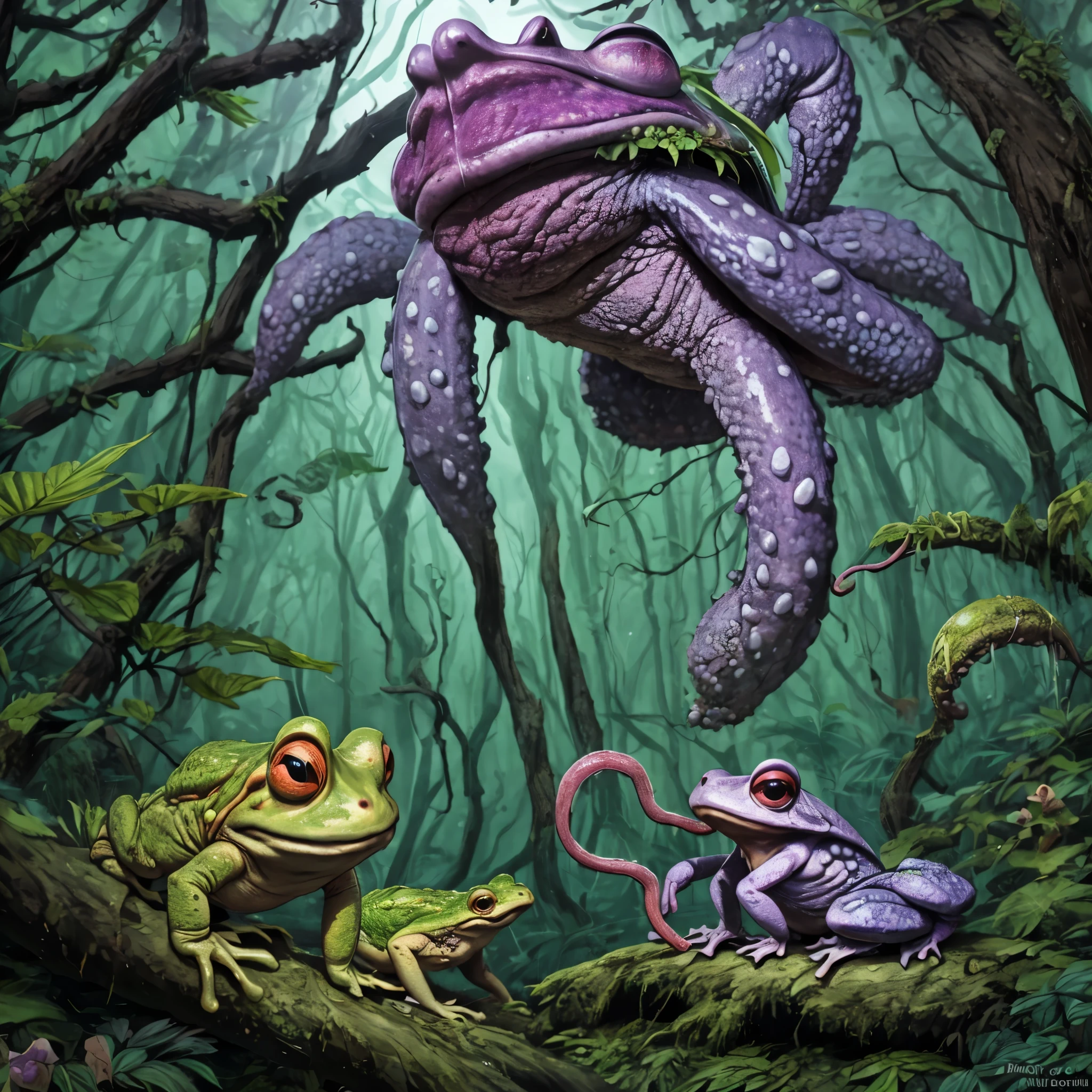 (жуткая жаба, громадный, ярко окрашенный, щупальца языка) пробирается через древний лес