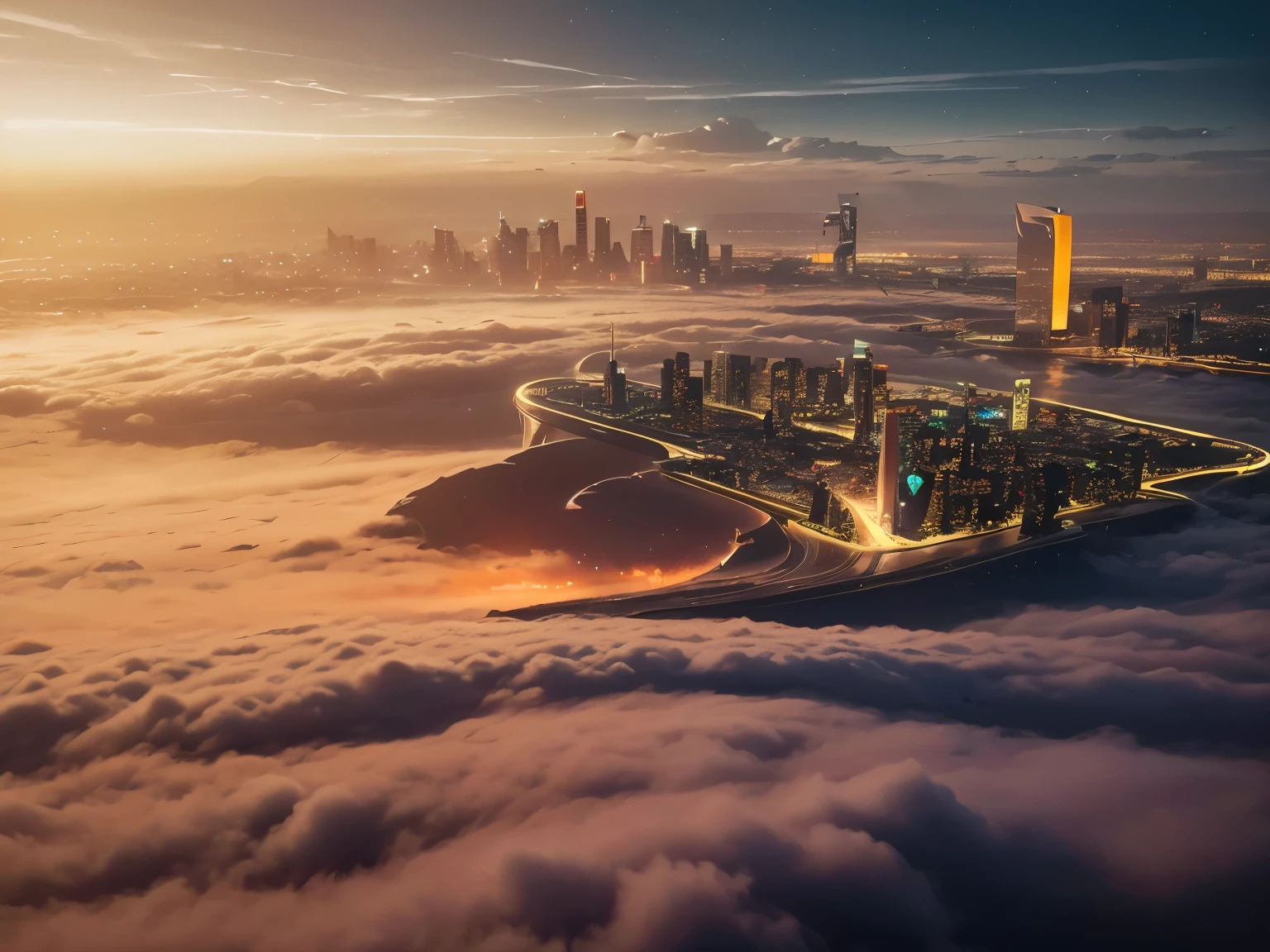 vista ariel, vista aérea do horizonte (melhor qualidade,4K,8K,Uma alta resolução,Obra de arte:1.2),ultra-detalhado,(realista,fotorrealista,fotorrealista:1.37), céu noturno galáxia Futuristic floating cities in night , céu noturno, galáxia, stars and Muitas nuvens,tecnologia futurista,Enorme plataforma de tablet de alta tecnologia, dirigíveis,flutuando no céu,cidade futurista,Pequenas aeronaves ao redor,Plataformas hemisféricas de alta tecnologia, city floating on Muitas nuvens, cidade no topo das nuvens,  nuvens no fundo, noite em tons de amarelo dourado, clima quente,cidade flutuando no deserto, verão, céu amarelo, nuvens amarelas laranja tarde da noite, hot verão, várias cidades, Vista aérea, cidade flutuante em forma de coração, Muitas nuvens, vista do espaço. cidade nas nuvens à noite