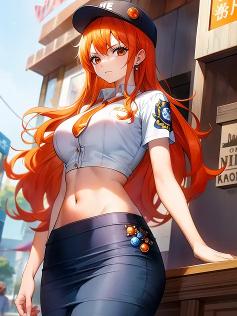 masterpiece、highest quality、detailed face、cowboy shot、one-piece、Nami、orange eyes、orange hair、white shirt、short sleeve、earrings、impossible clothes、tight white low pencil skirt、belly button、tie、Police cap、on the street、look at viewer、sexy pose