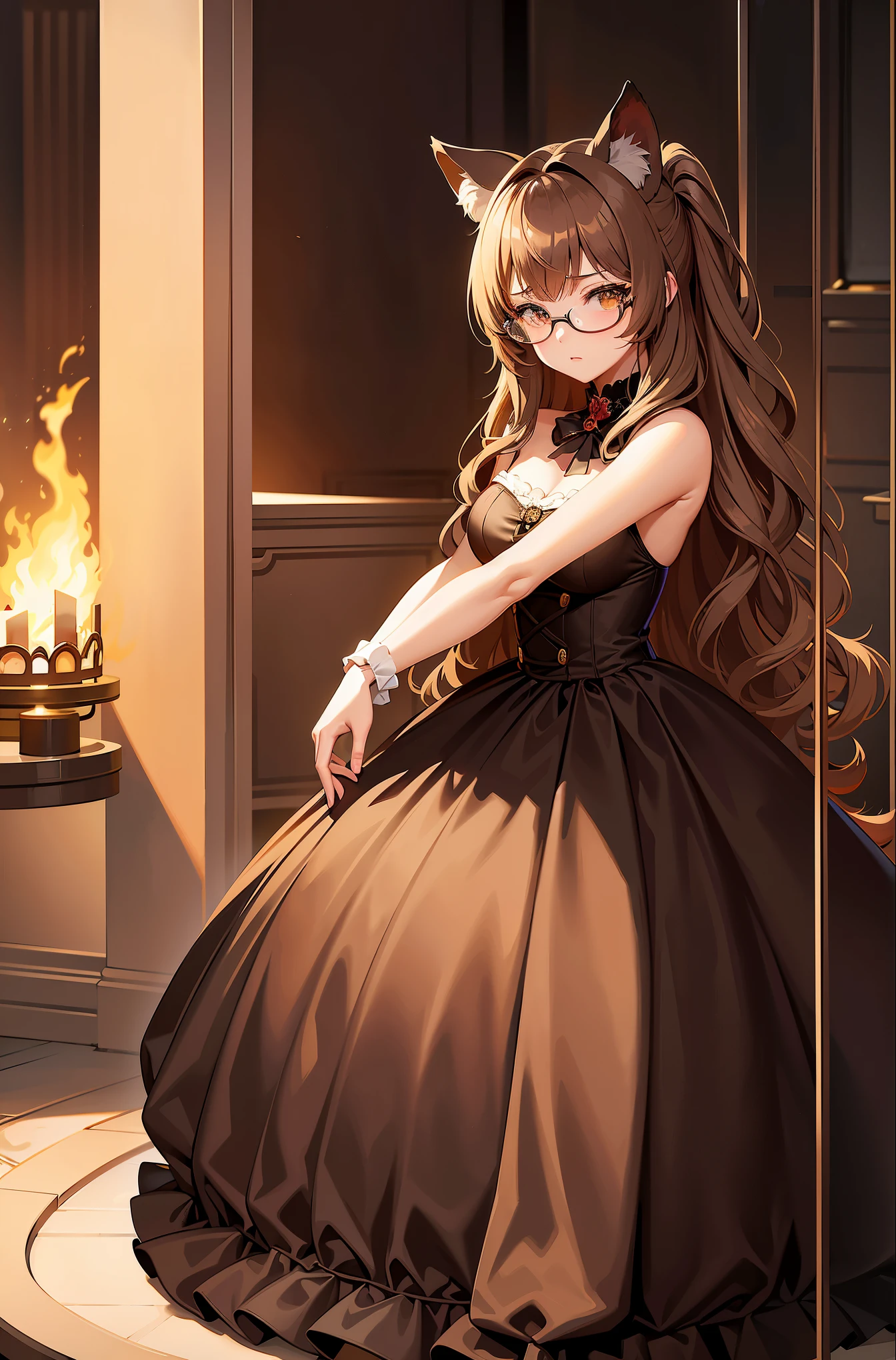 (masterpiece), best quality, one person, one girl, (Long curly hair,Light Brown), cat ears, Beautiful eyes, golden eyes ,((The face shows no emotion.)),(Lolita dress,dark brown), Wear glasses. , (full body shot) , studio light, 4k hdr, (Strong fire), details, There are a lot of CG details., Outdoor lighting, ((brighten))