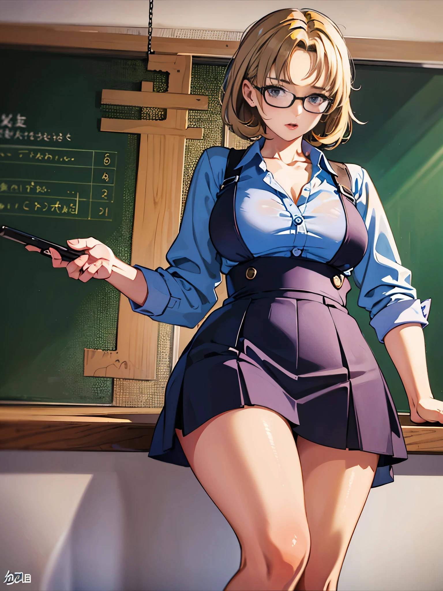 Cute young teacher standing at the blackboard, wearing a minidress and blouse, shot from below, leaning forward, bare thighs, popular teacher, high quality, 8k, warm, unbuttoned, undressed, glasses, renatadaninsky, nsfw, closeup